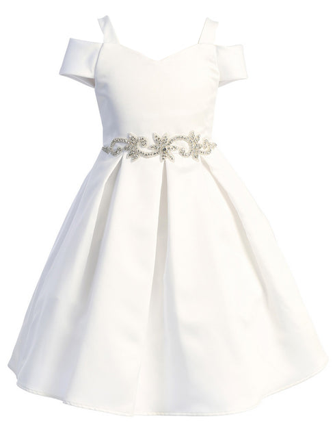 Satin Flower Girl Dress with Cold Shoulder and Pleated Skirt, Sizes 2-14 - SophiasStyle.com
